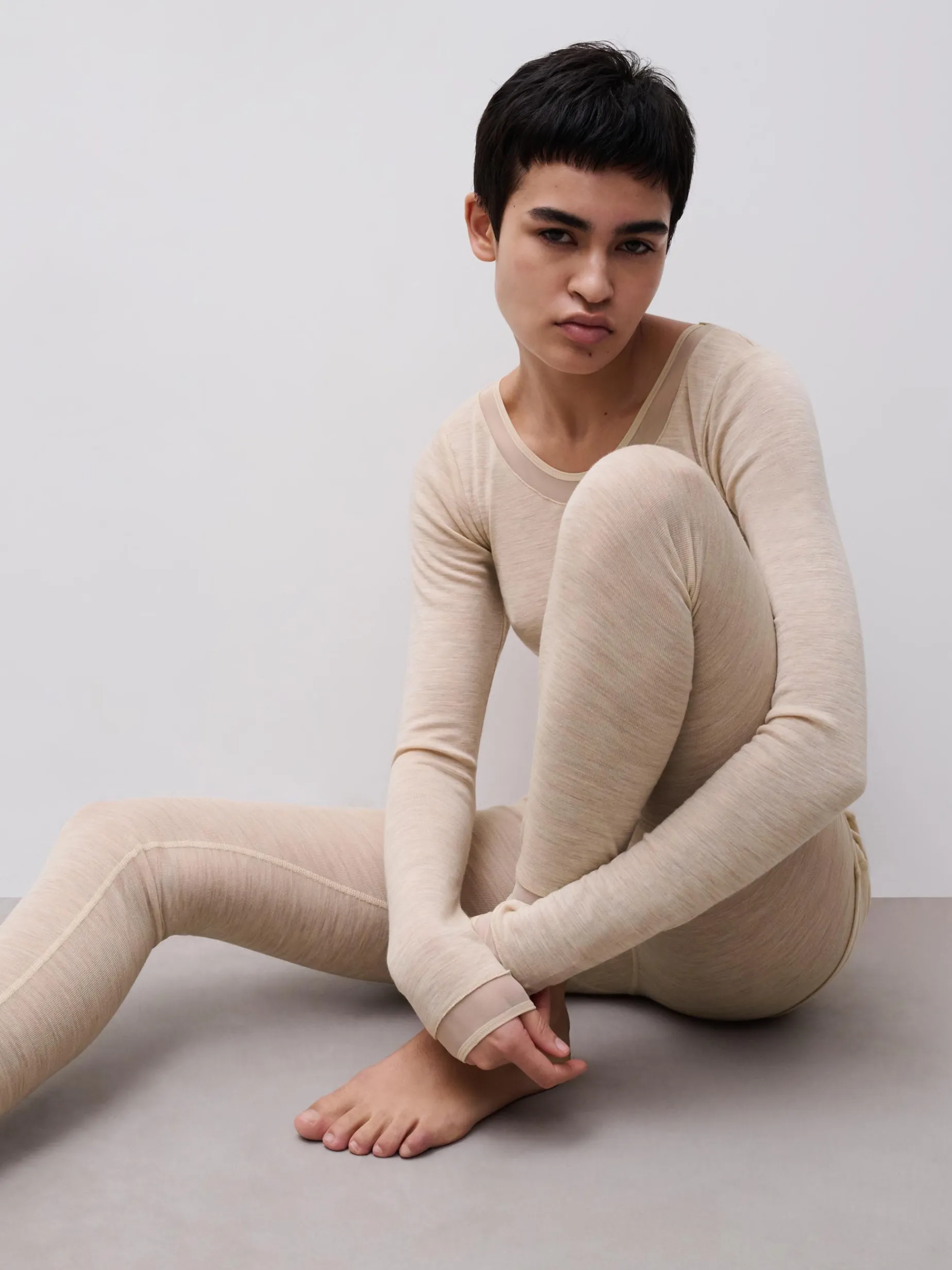 Langærmet undertrøje - 100% merinould - Heather nude