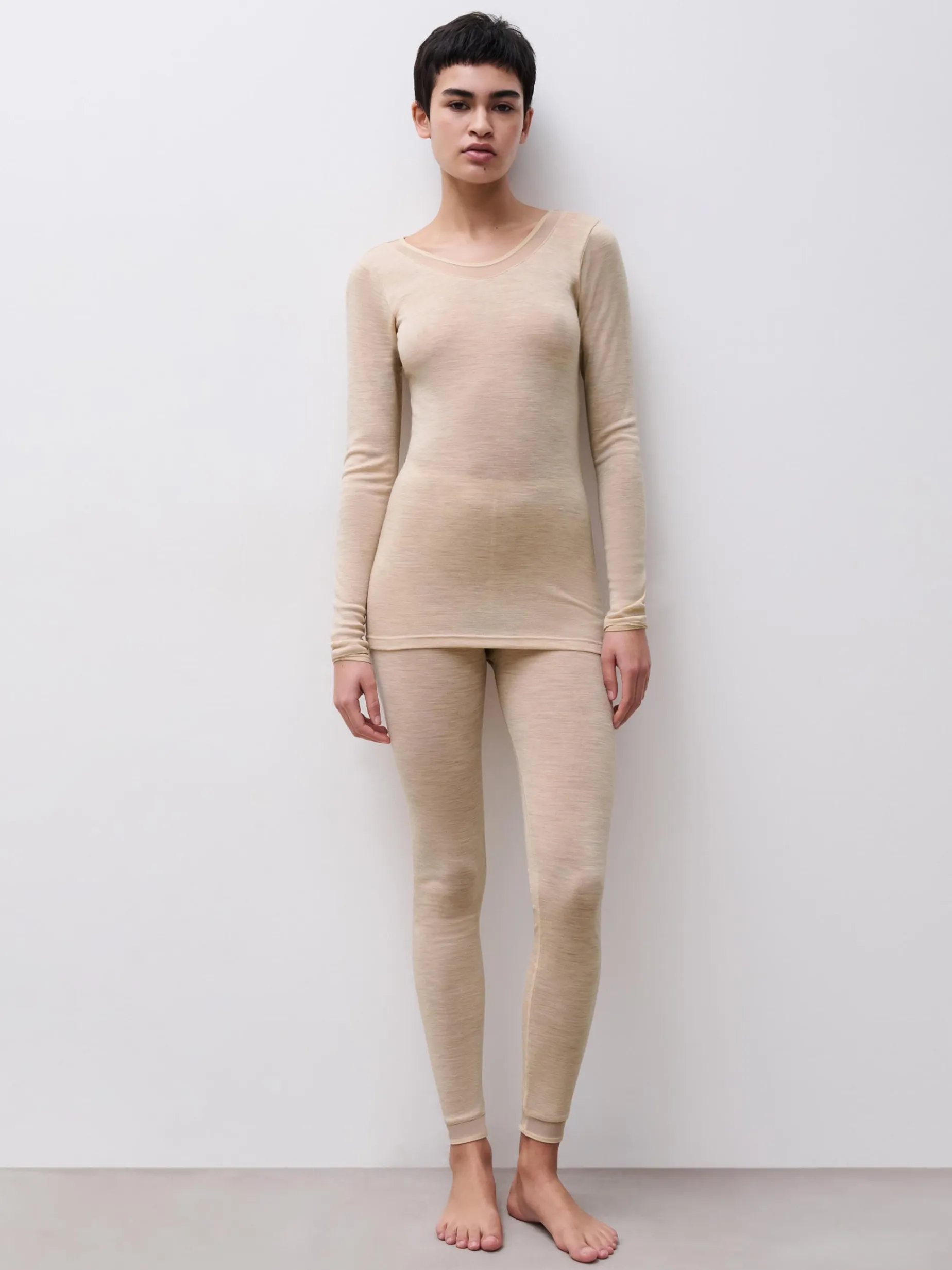 Langærmet undertrøje - 100% merinould - Heather nude