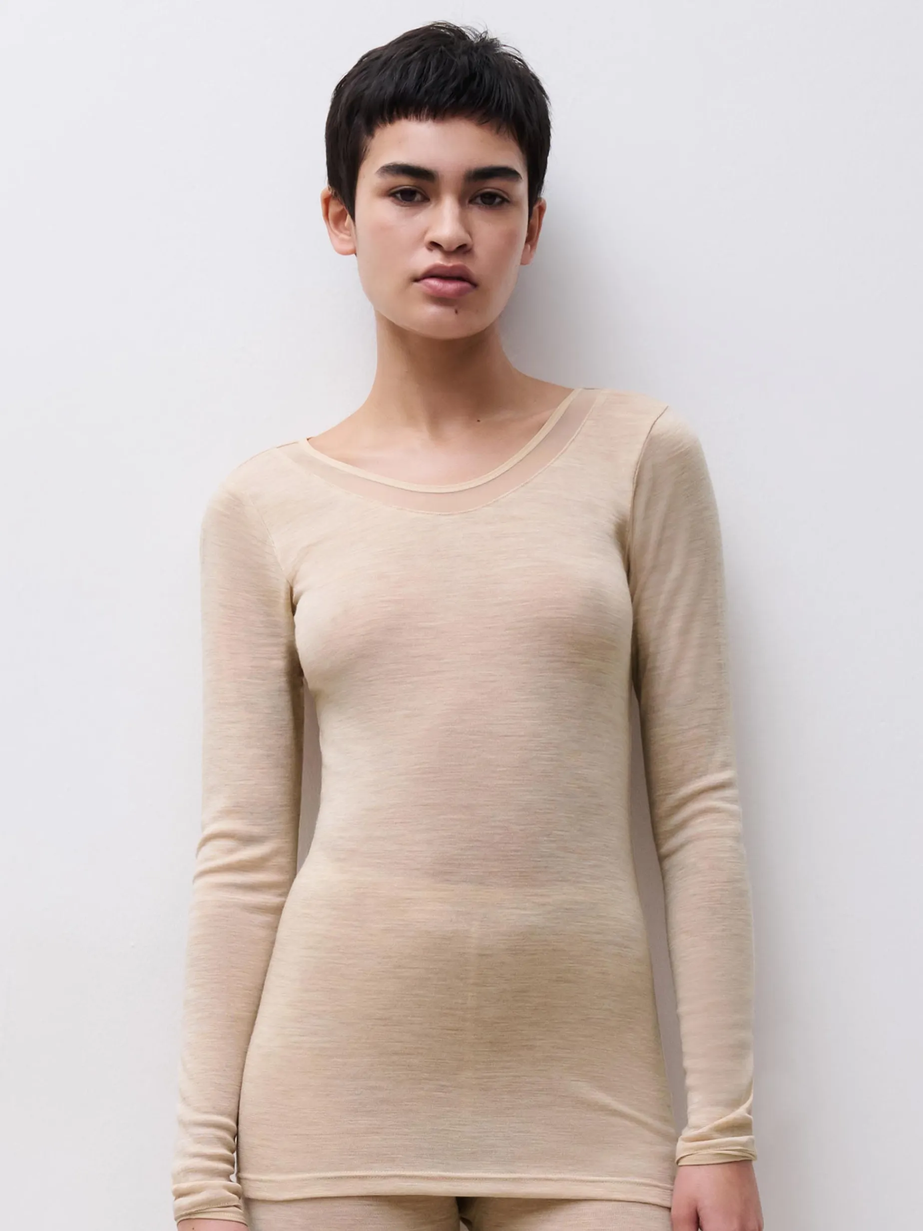 Langærmet undertrøje - 100% merinould - Heather nude